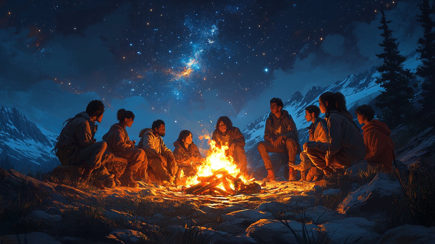 Eine vielfältige Gruppe am Lagerfeuer unter dem Nachthimmel.