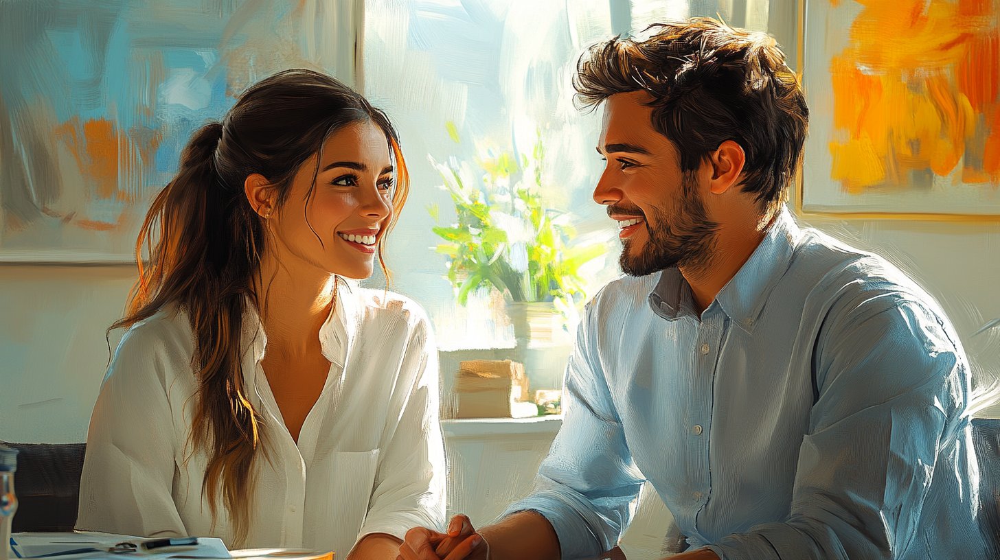 Una pareja dialogando en la oficina de un terapeuta, destacando compromiso y crecimiento.