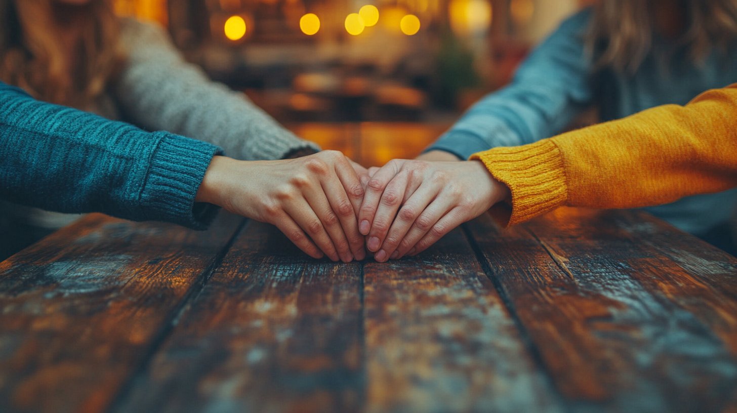 Primo piano di mani che mostrano apertura e connessione in una caffetteria.