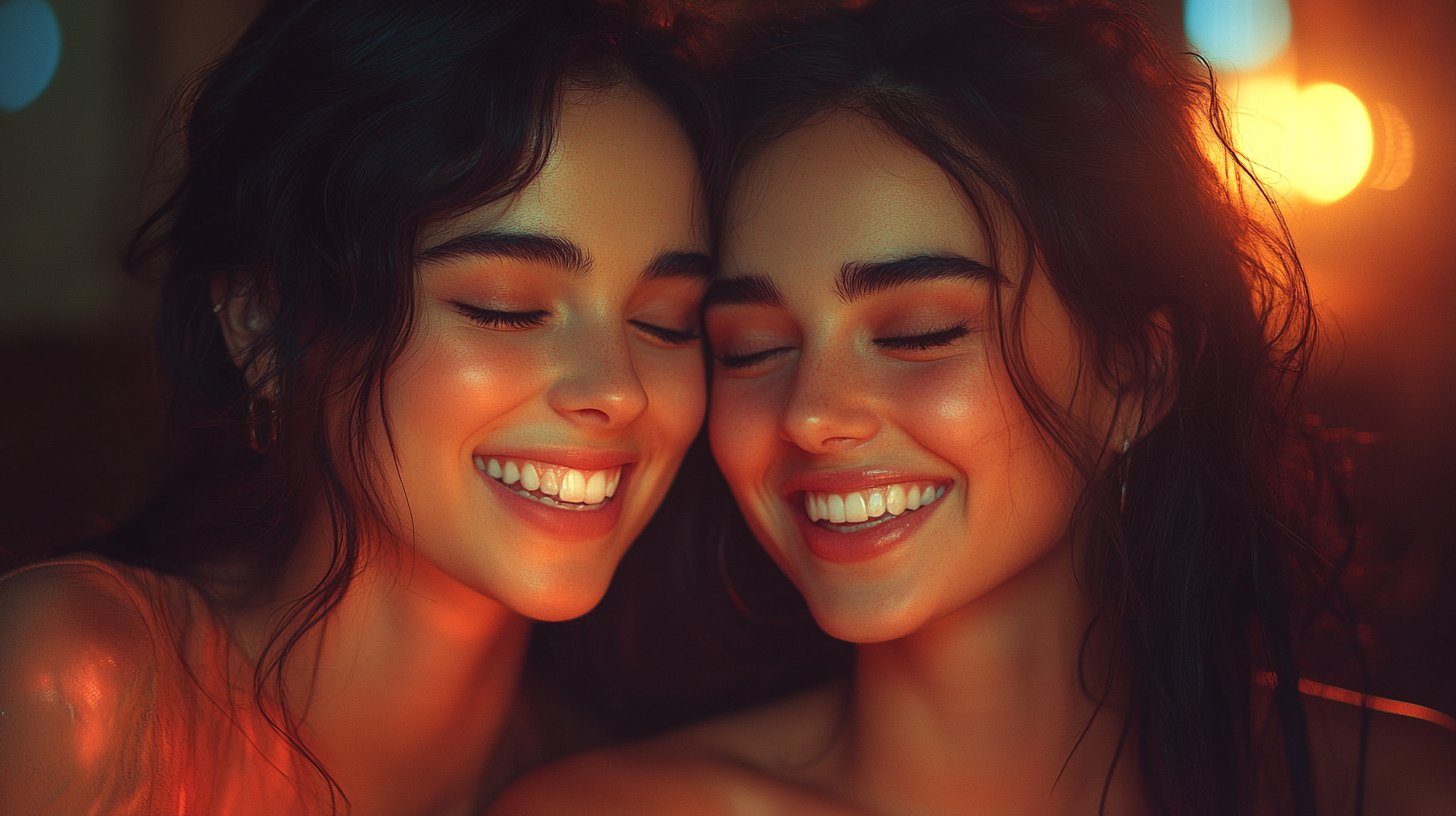 Due amici ridono e condividono un momento caldo di connessione.