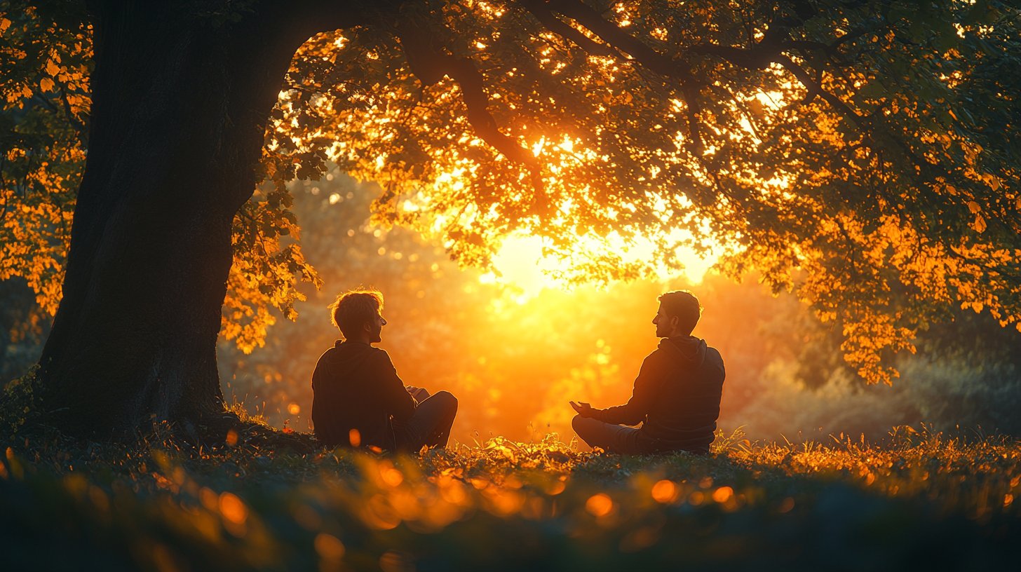 Due amici in conversazione sotto un albero.