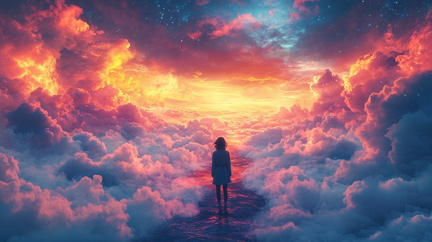 Un paesaggio surreale con una persona che contempla più sentieri.