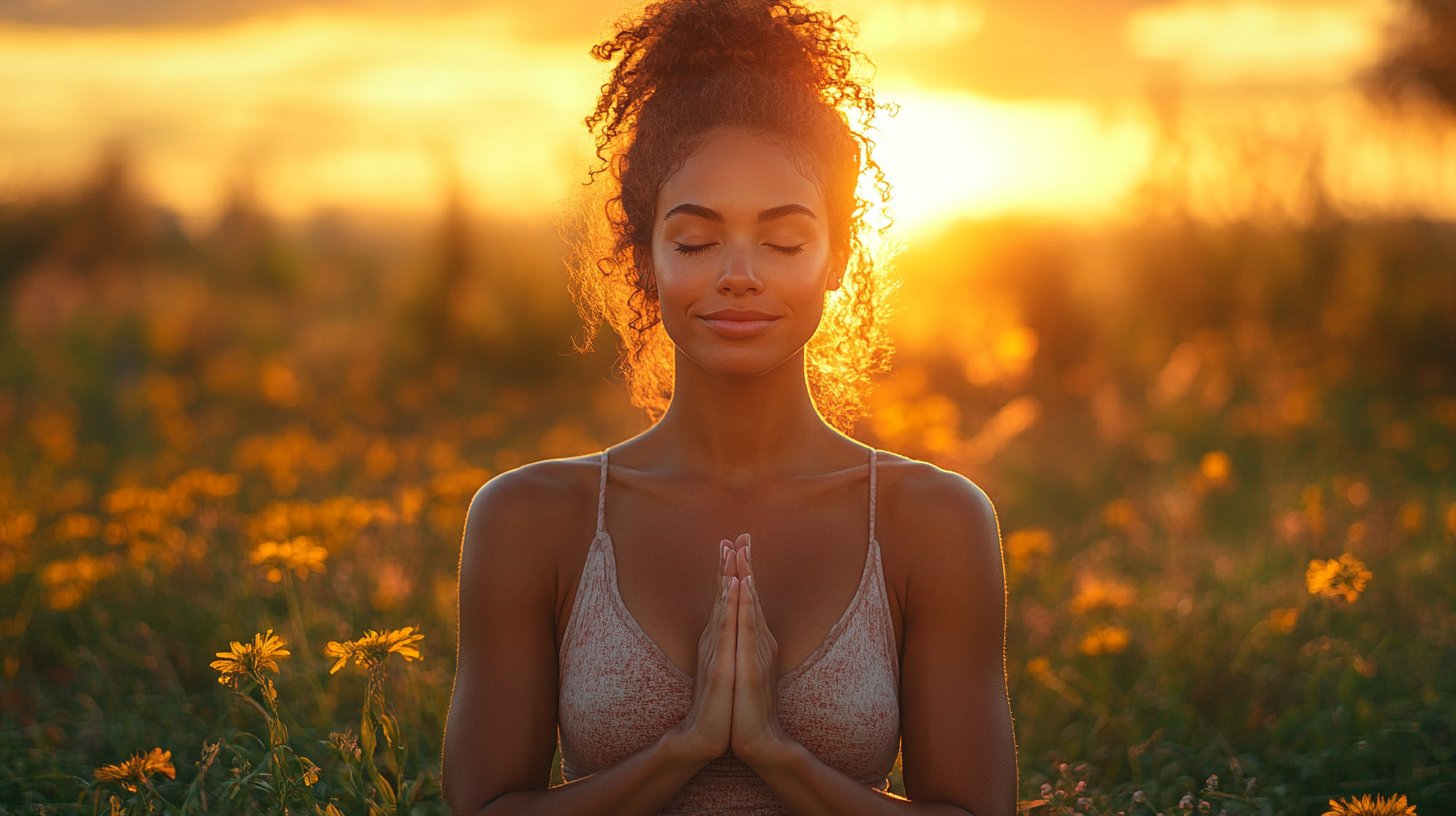 Una mujer practicando yoga al amanecer, rodeada de naturaleza.