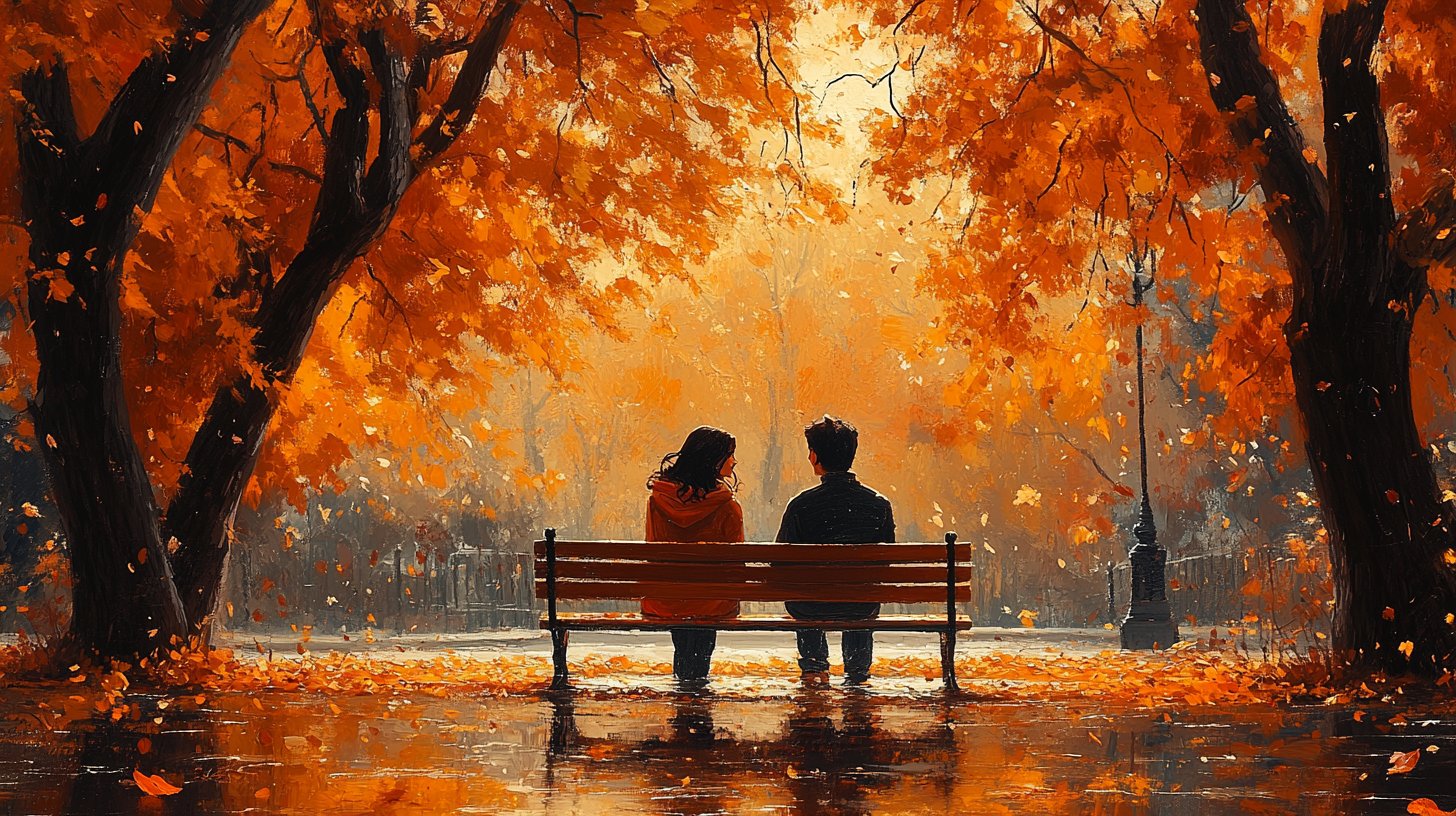 Ein Paar genießt einen gemütlichen Moment auf einer Parkbank.