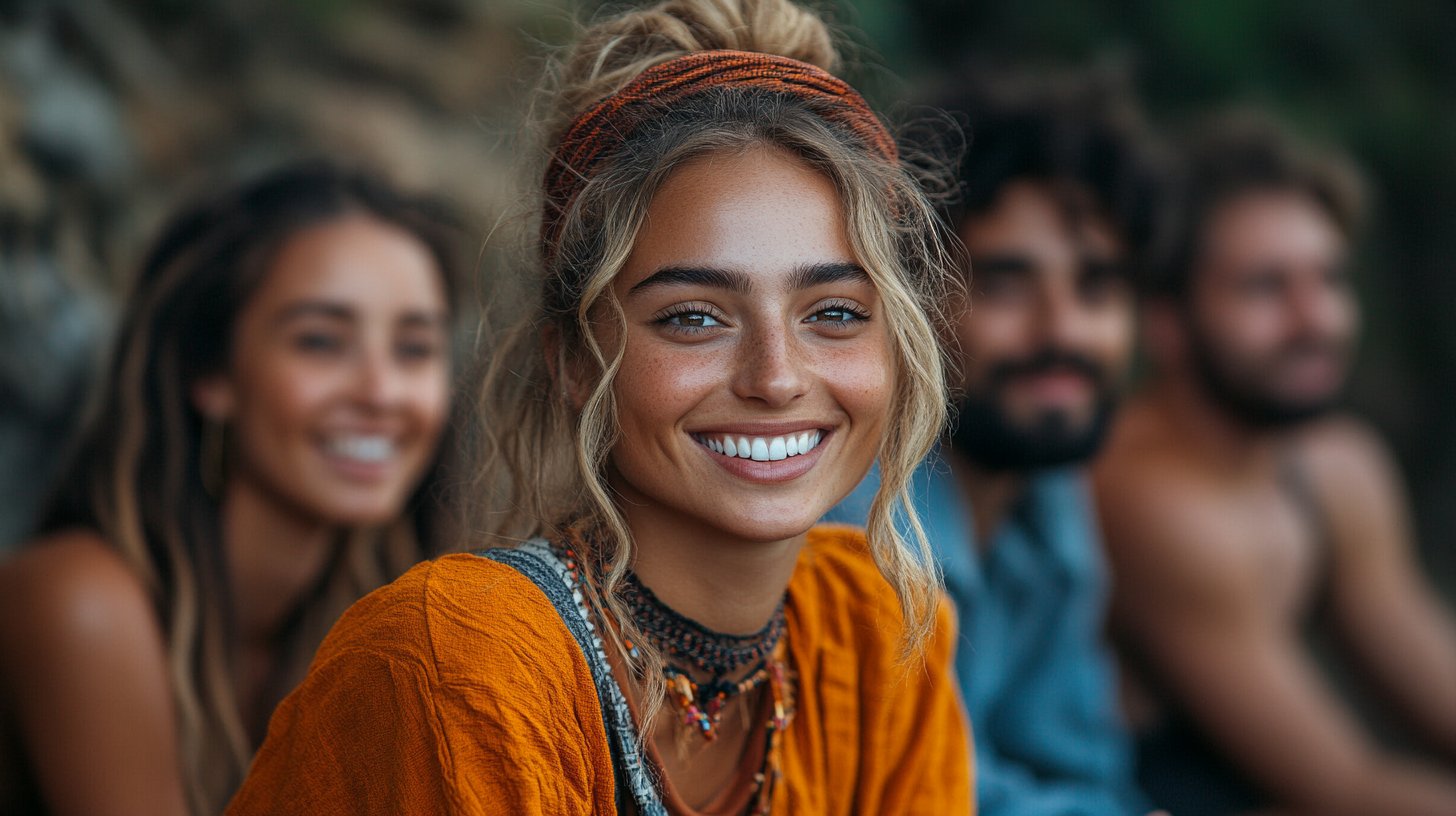 Eine diverse Gruppe von Freunden, die fröhlich im Freien zusammen sitzt.