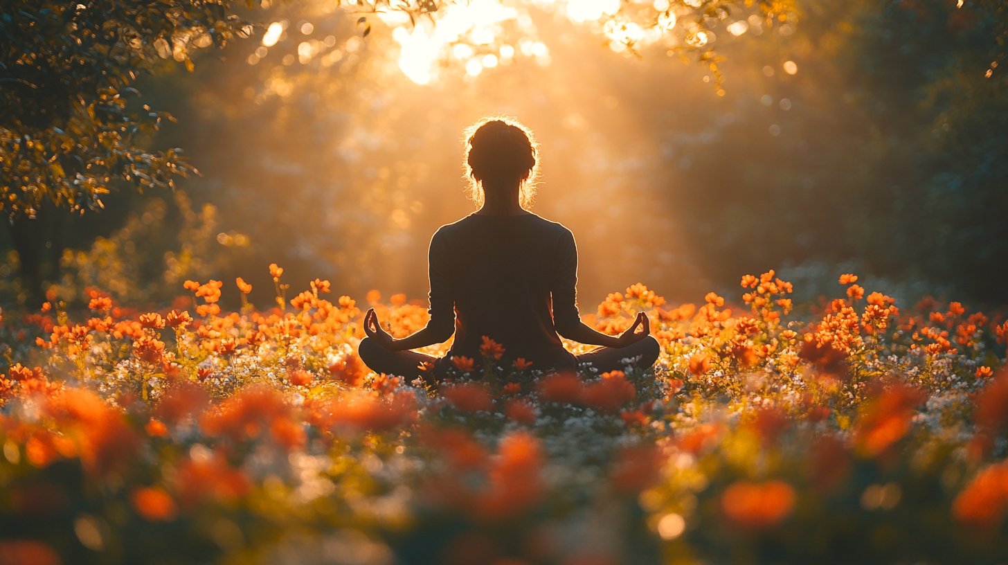 Una persona che medita pacificamente in un giardino fiorito.