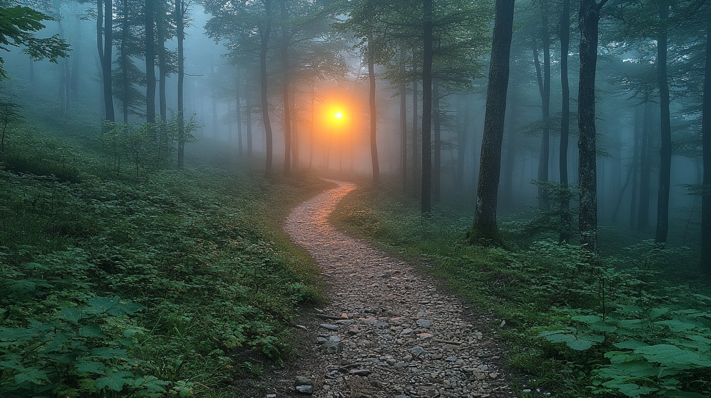 Un sentiero chiaro attraverso una foresta nebbiosa simboleggia il viaggio verso la comprensione.