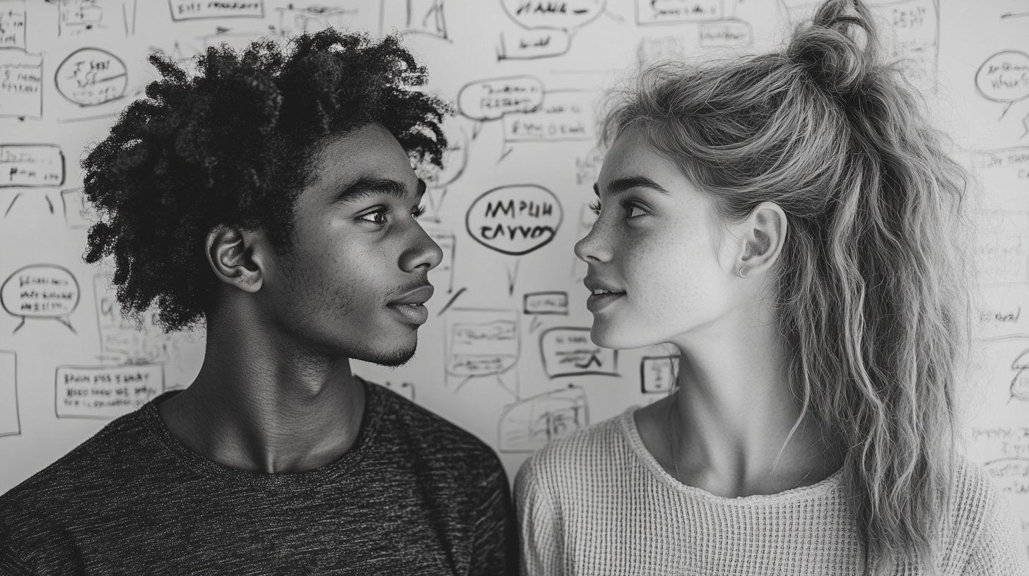 Due persone diverse partecipano a una conversazione sincera circondate da fumetti.