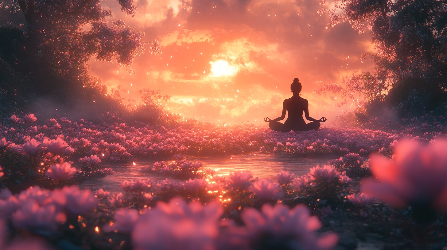 Una scena pacifica rappresenta l'amore per se stessi attraverso la meditazione in un giardino tranquillo.