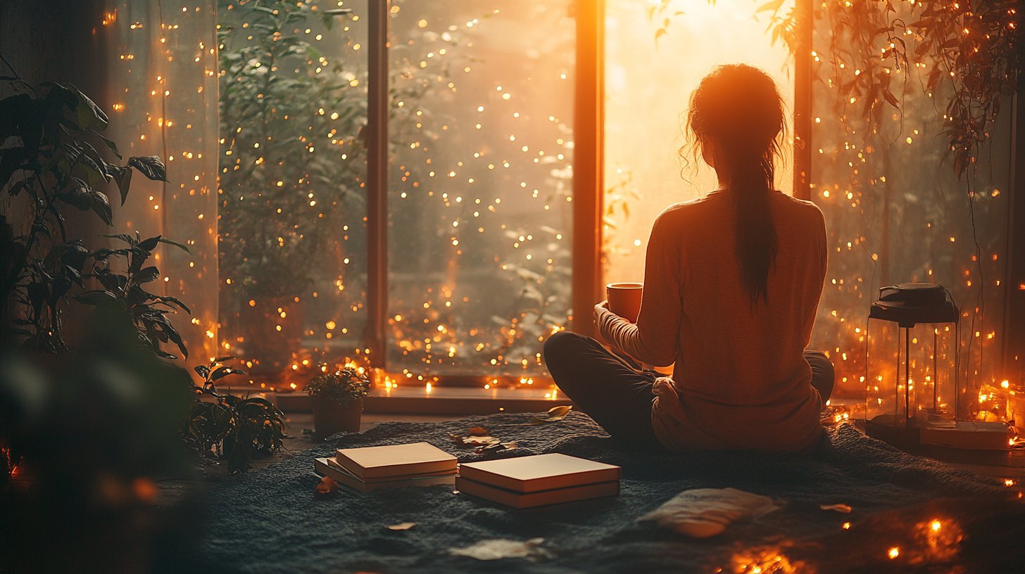 Gemütlicher Raum, Selbstreflexion mit Büchern und warmem Licht.