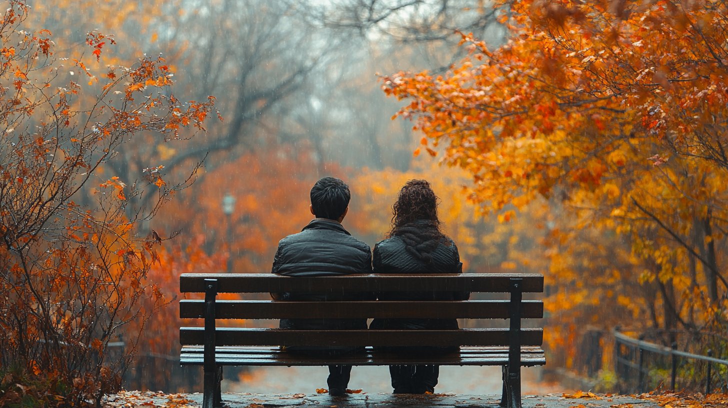 Ein Paar im Park, jeder in seiner eigenen Welt, einsam trotz Nähe.