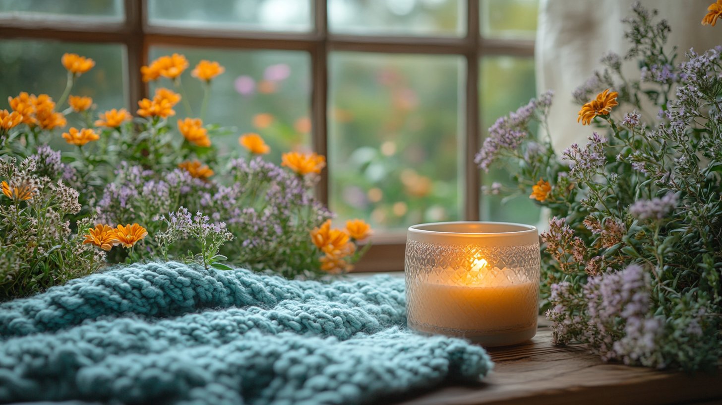 A cozy self-care scene with candles and soft blankets for relaxation.