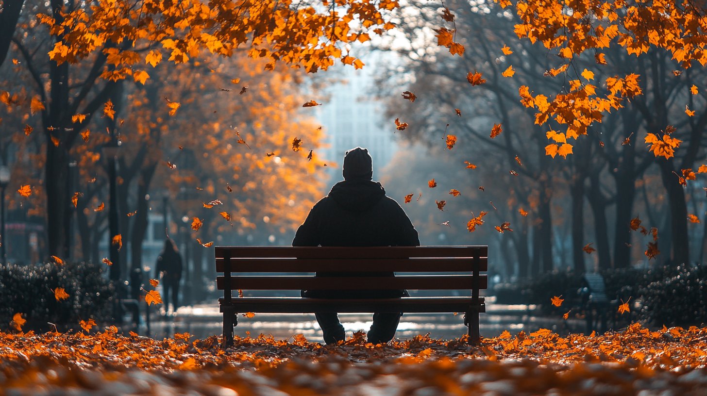 Eine schattenhafte Figur auf einer Bank im ruhigen Park, umgeben von fallenden Blättern und tiefen Gedanken.