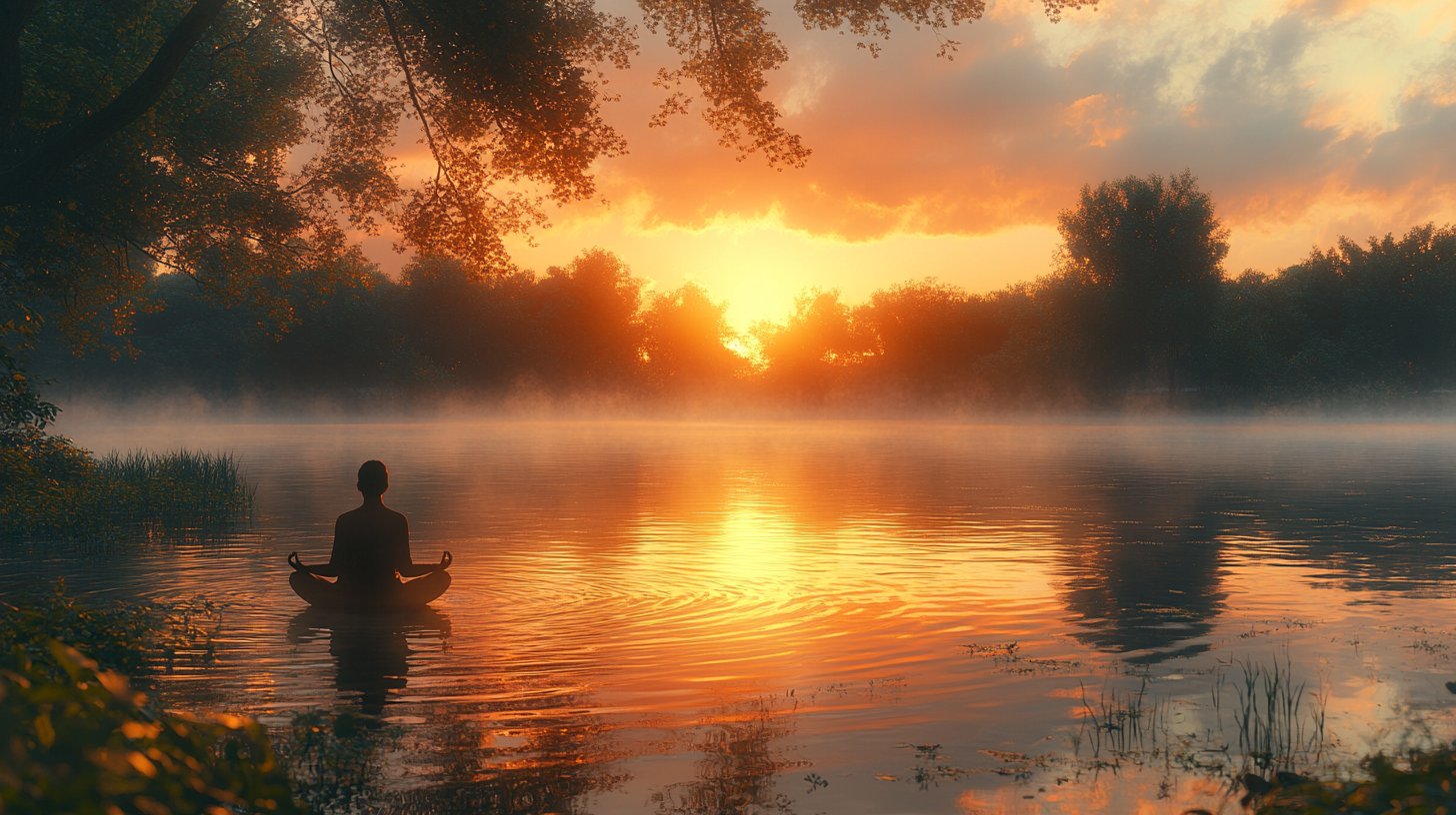 Eine friedliche Szene eines meditierenden Menschen am Ufer eines Sees bei Sonnenaufgang, die Achtsamkeit verkörpert.
