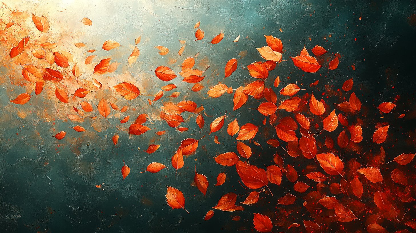 Eine abstrakte Darstellung des Loslassens mit im Wind treibenden Blättern.