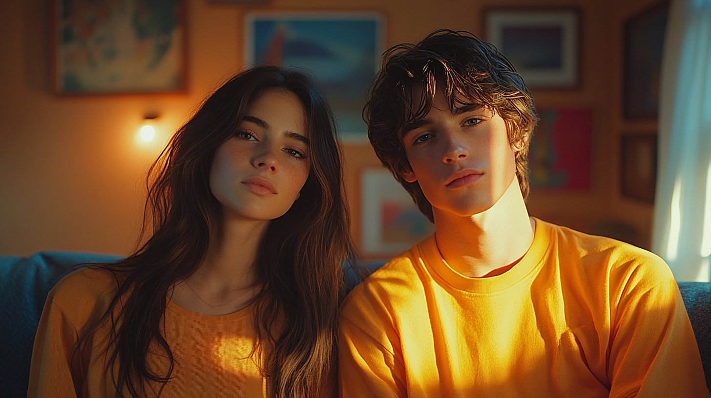 Ein Paar steht in einem gemütlichen Raum, mit sichtbarem Abstand zwischen sich.