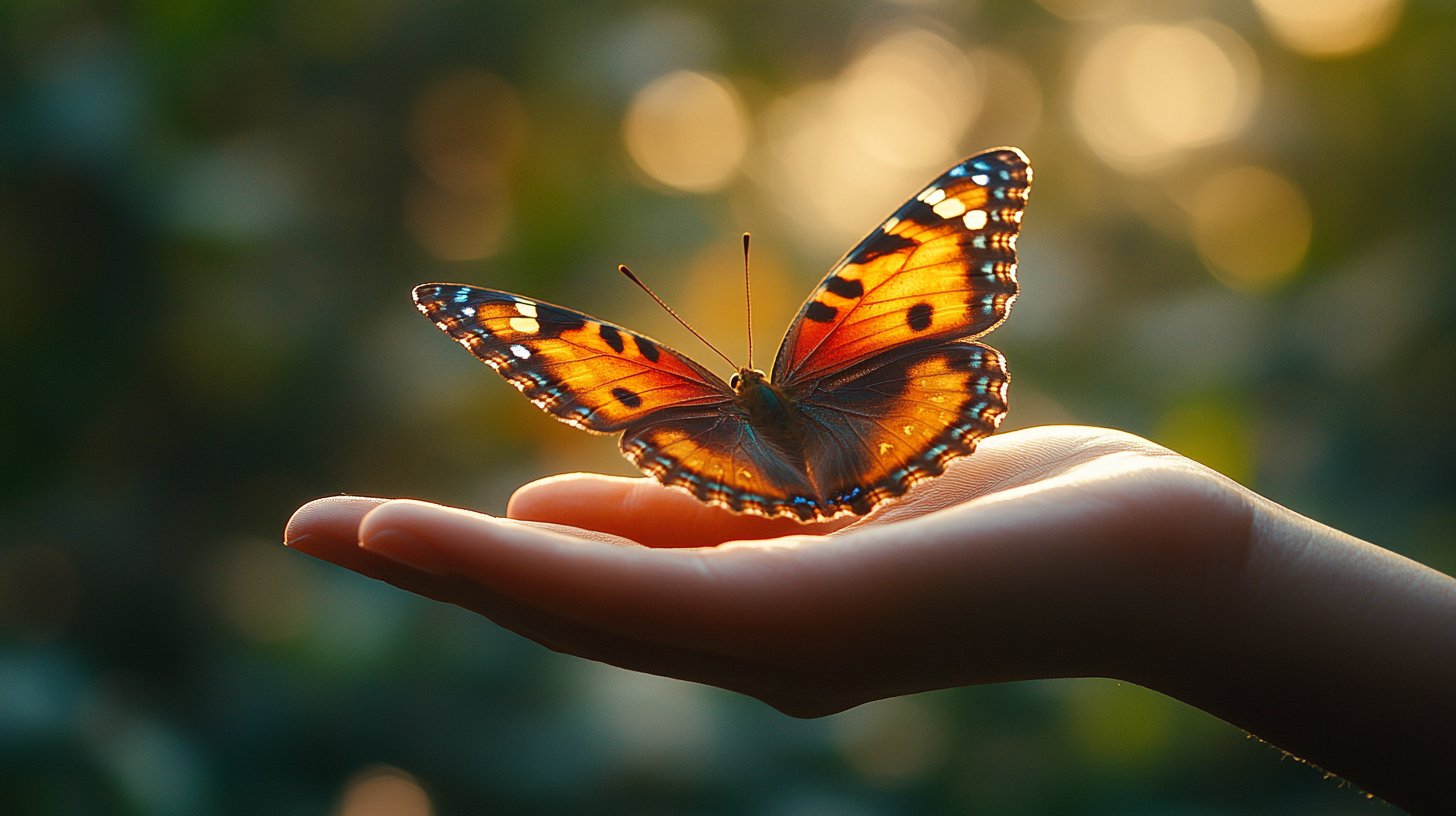 A hand releasing a butterfly into the sky, a symbol of freedom.