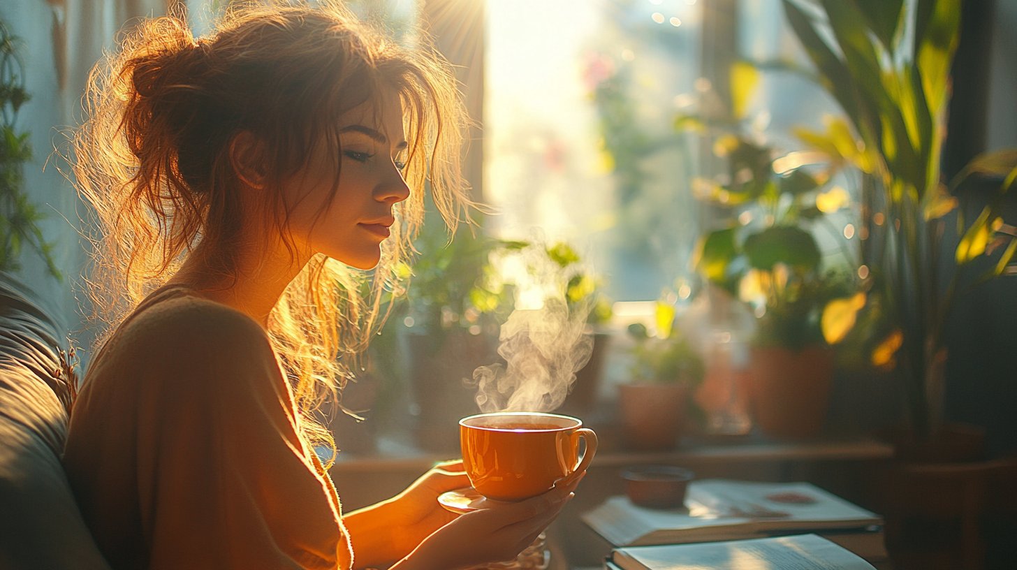 A cozy scene of a person enjoying tea in a sunny room.