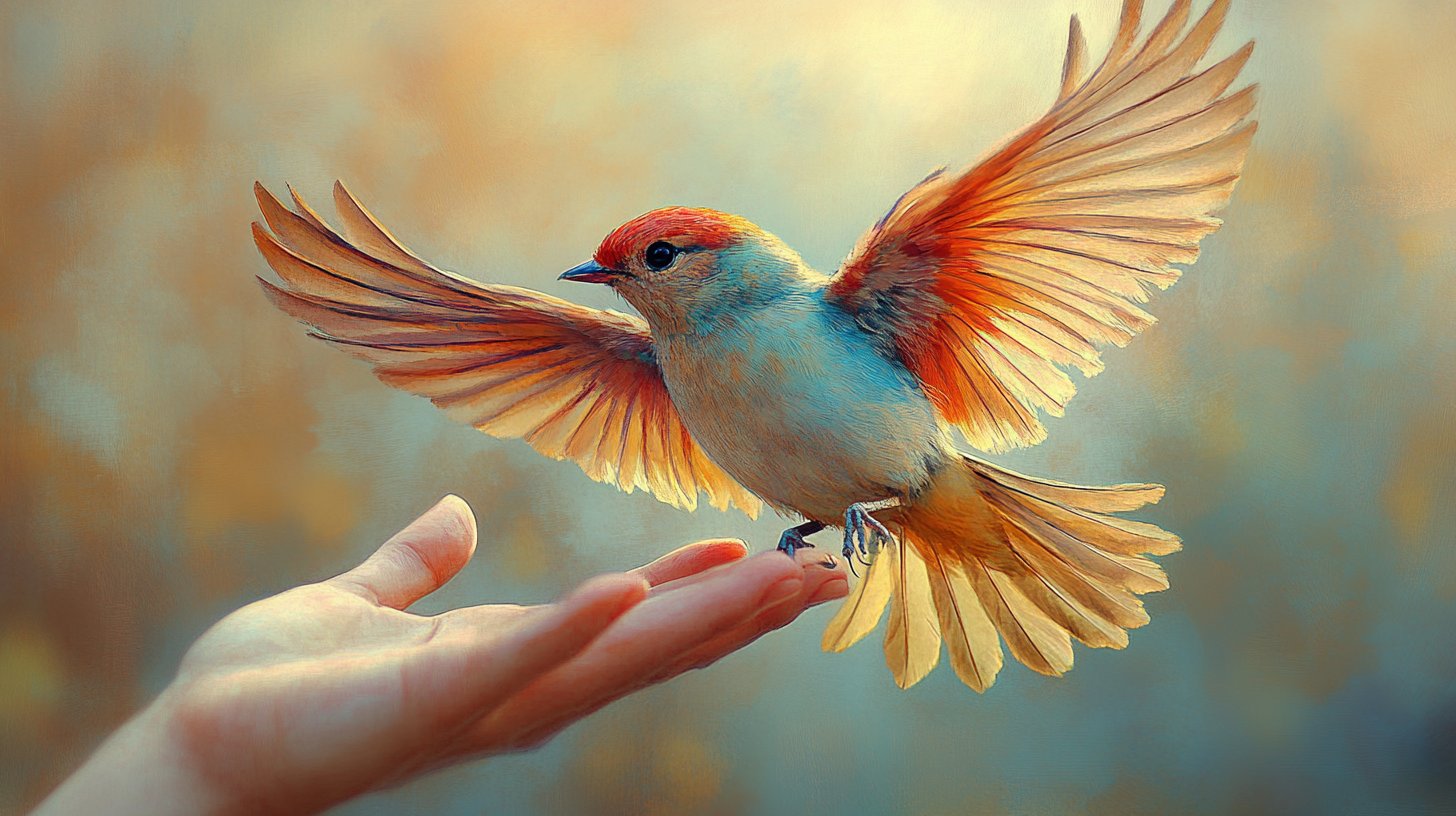 A hand releasing a colorful bird into the sky.