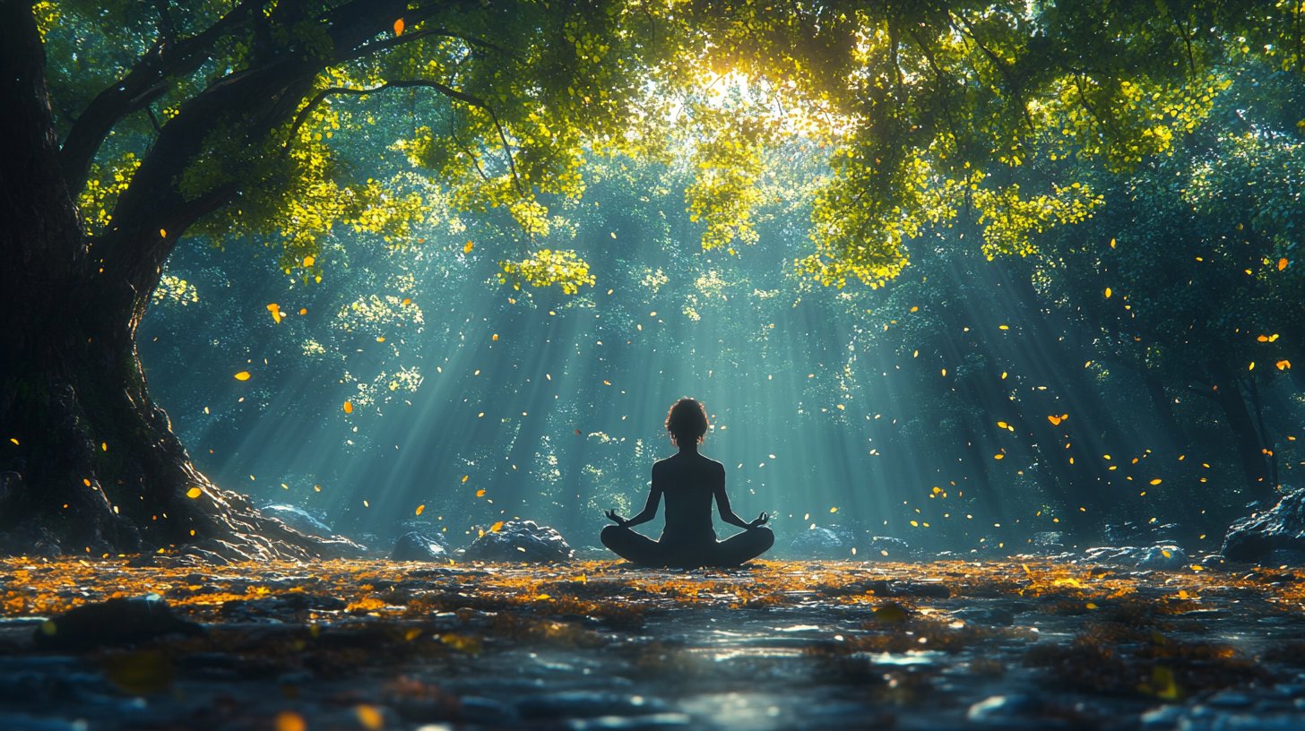 A person meditating in nature, representing self-discovery.
