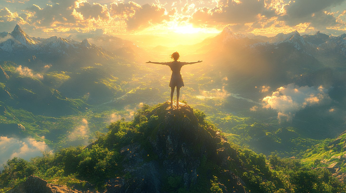 Una persona sicura in cima a una montagna, braccia alzate in trionfo, simboleggiando un aumento dell'autostima.