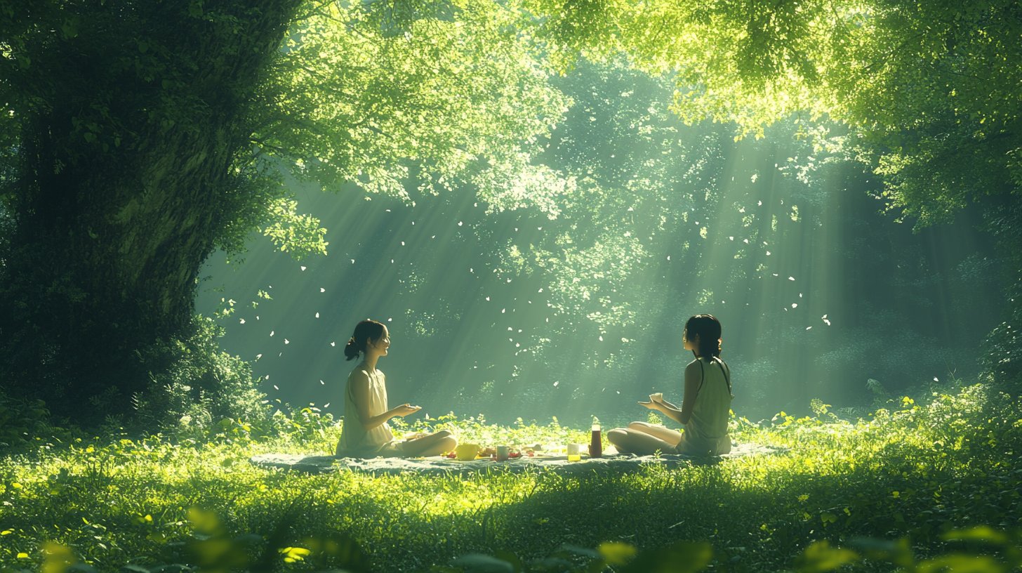 Freunde lachen und teilen ein Picknick in einem sonnigen Park.