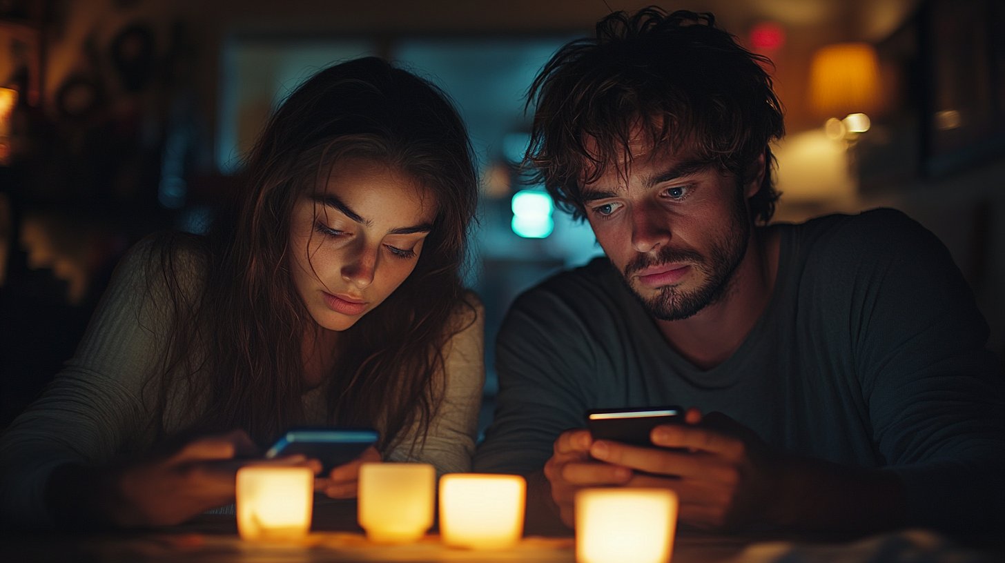 Nahaufnahme eines Paares am Tisch, eines beschäftigt mit dem Handy.