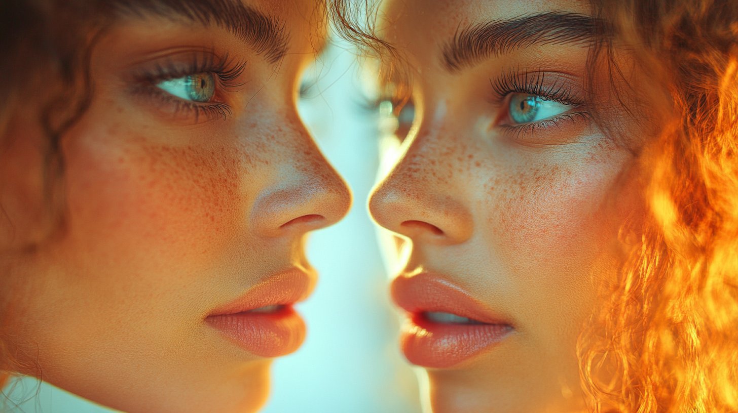 Nahaufnahme einer Frau, die Selbstliebe im Spiegel spiegelt.