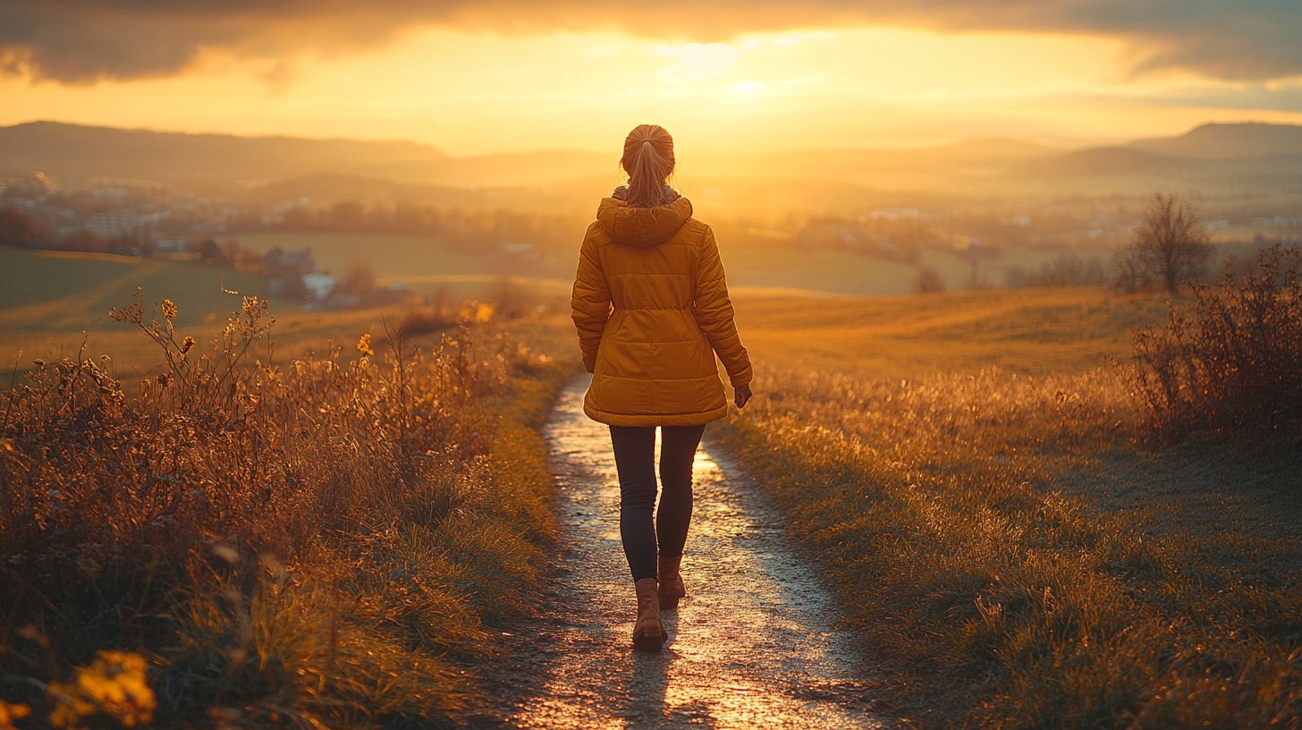 Eine Frau, die einen inspirierenden Pfad zur Selbstentdeckung geht.