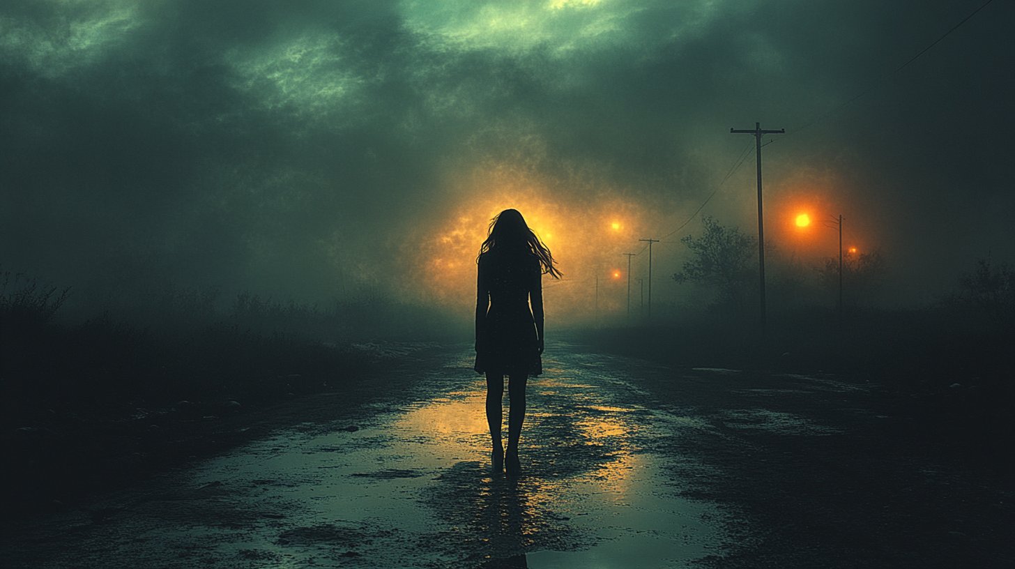 Frau an einer nächtlichen Kreuzung, verschiedene Wege zu spontanen Begegnungen.