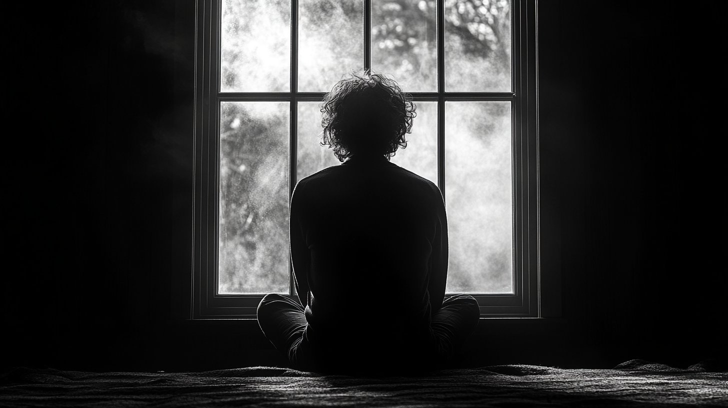 Una figura solitaria che guarda fuori da una finestra, con una stanza ombrosa dietro di essa.