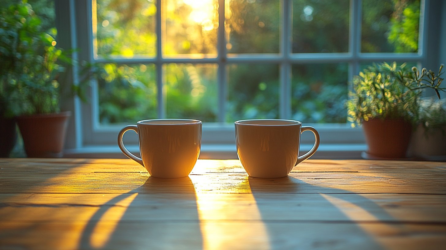 Primo piano di due tazze di caffè vuote, una spostata di lato.