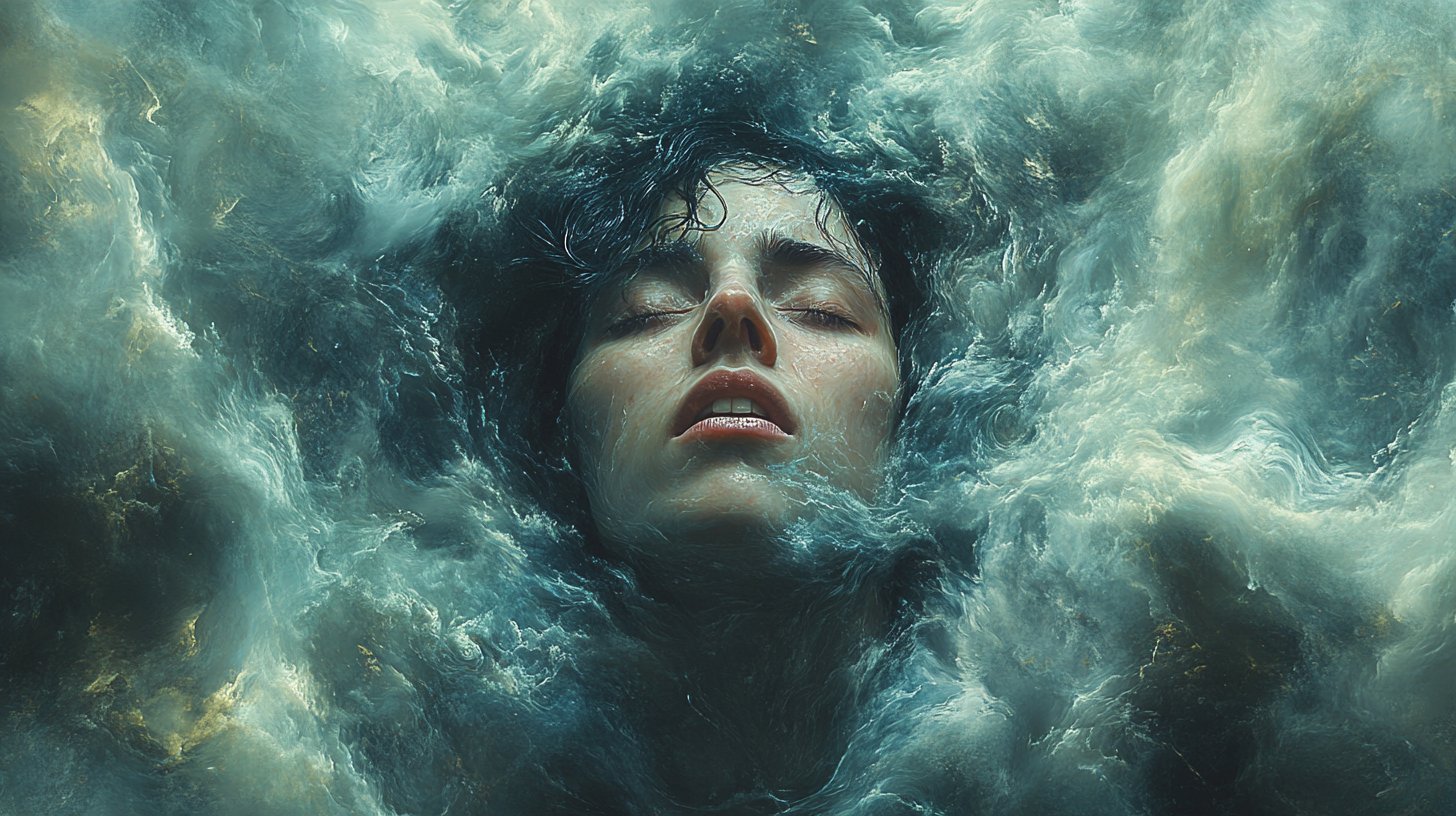 Eine Person fühlt sich überwältigt, umgeben von wirbelnder Energie und stürmischem Hintergrund.