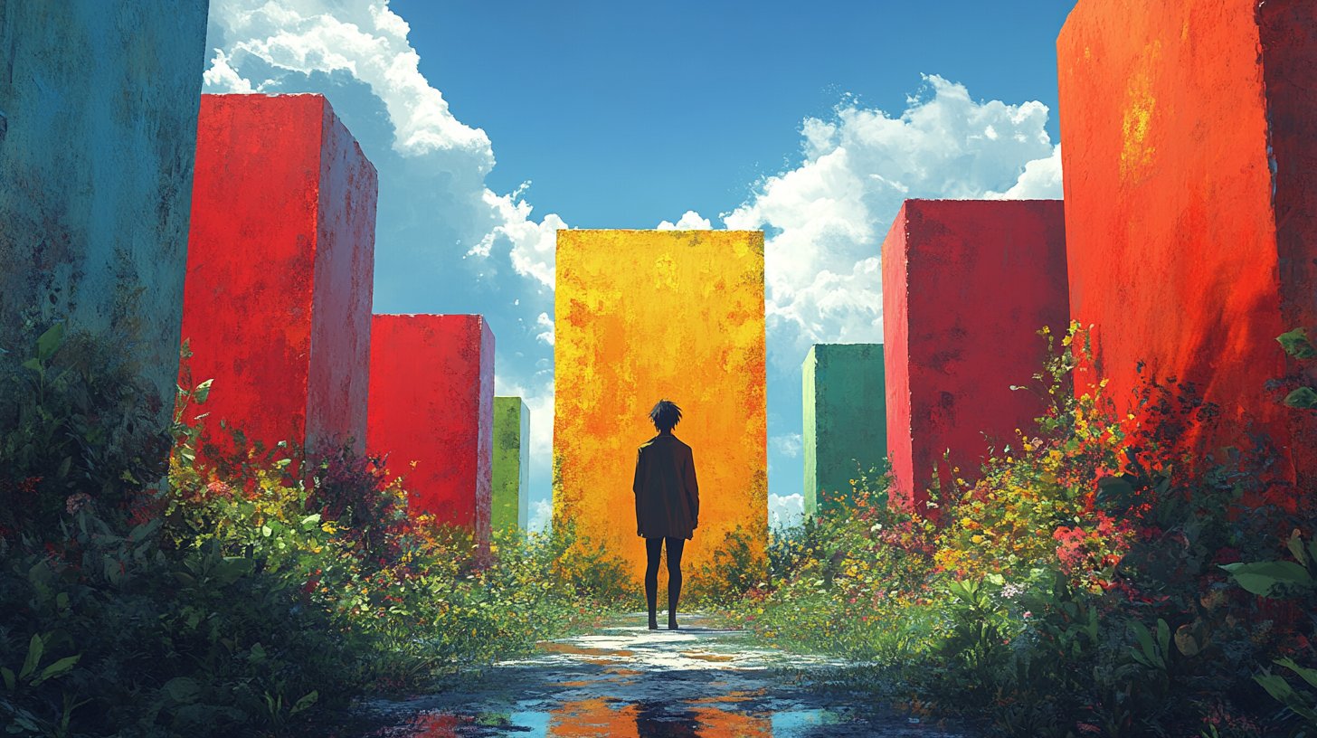 An einer Weggabelung steht eine Person stark und setzt farbige Grenzen gegen Negativität.