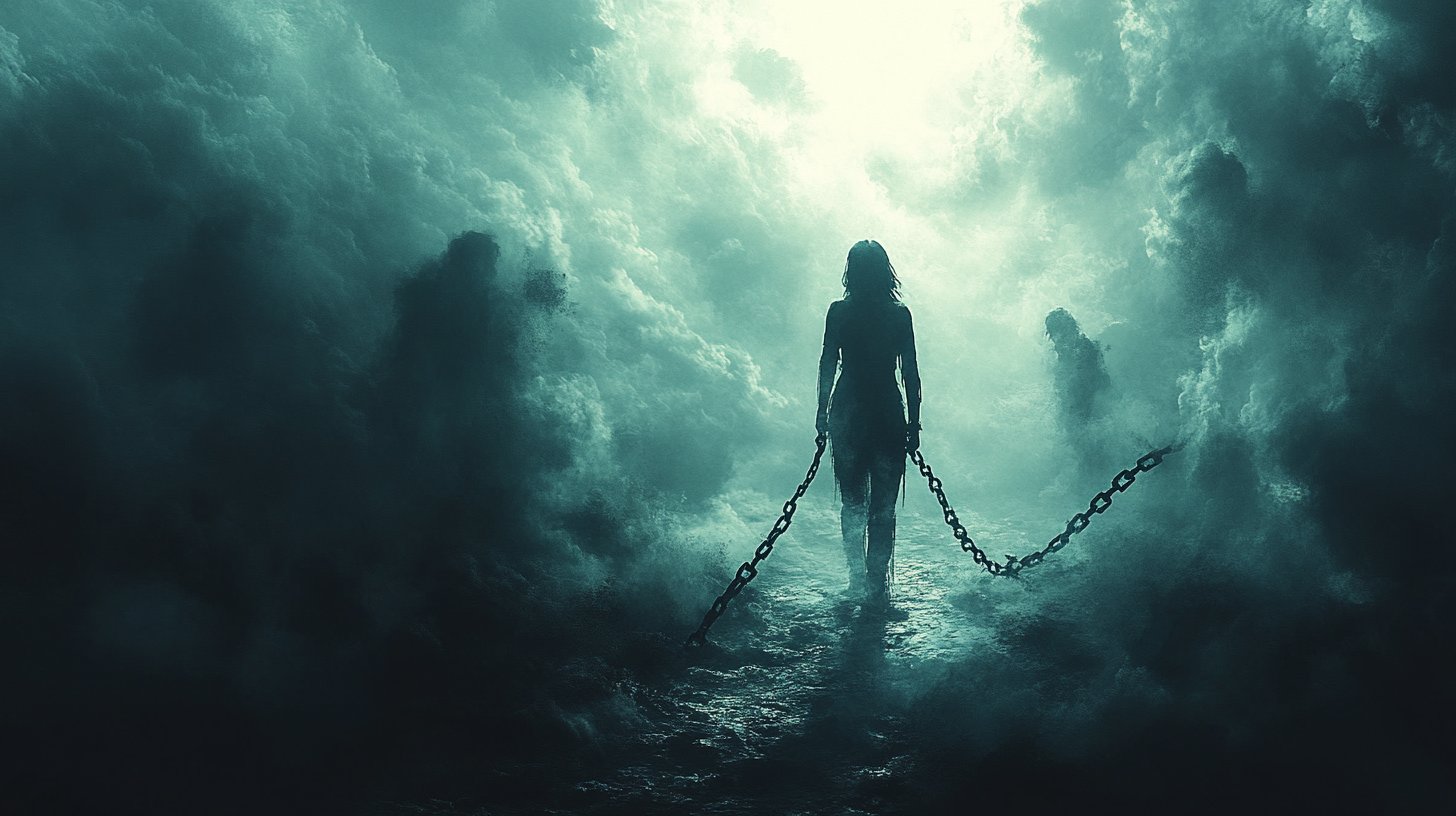 Eine Person bricht frei von dunklen Ketten, von Sonnenstrahlen erleuchtet, und findet ihre Freiheit.