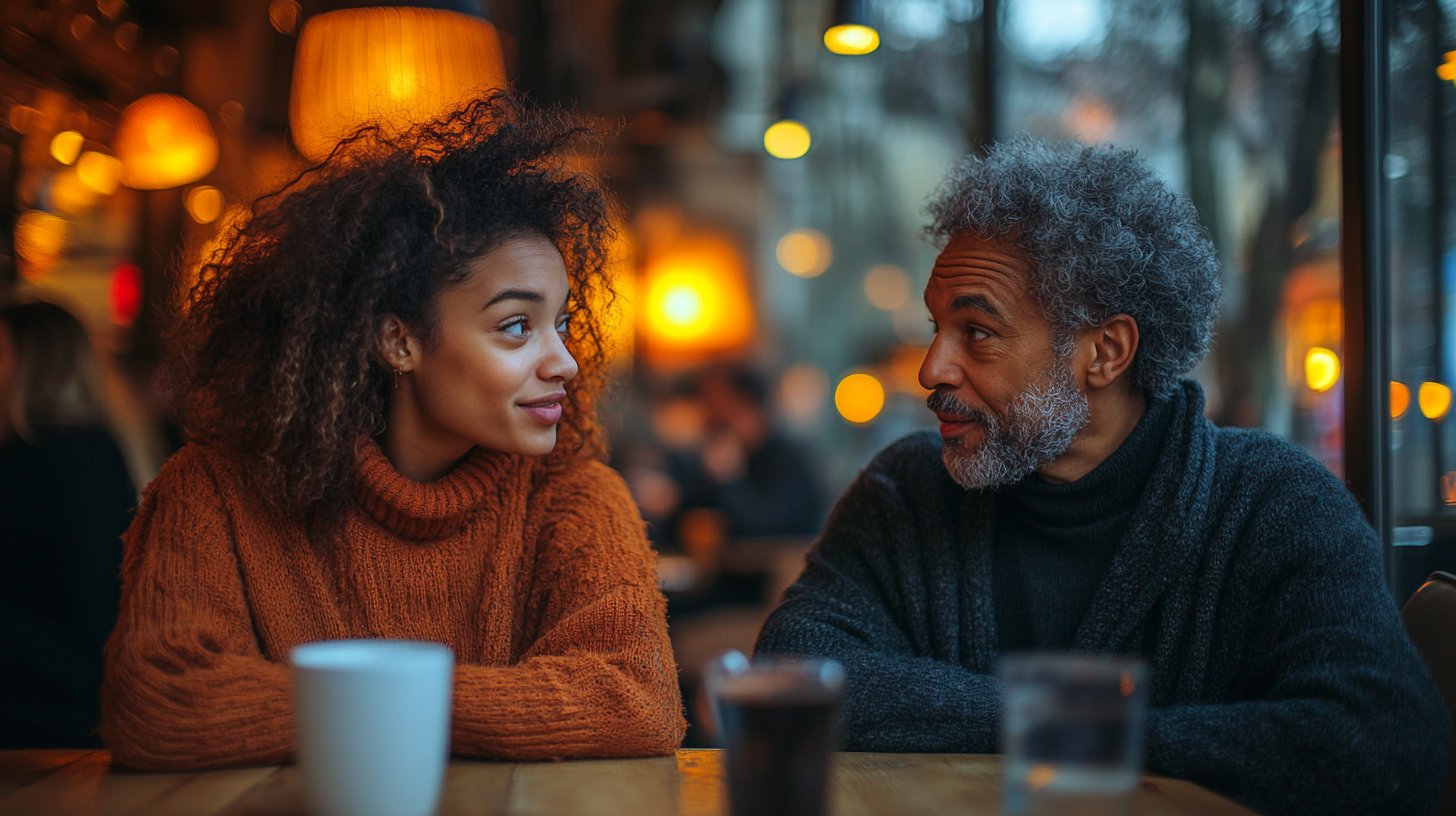 Zwei Menschen führen ein tiefes Gespräch in einem gemütlichen Café.