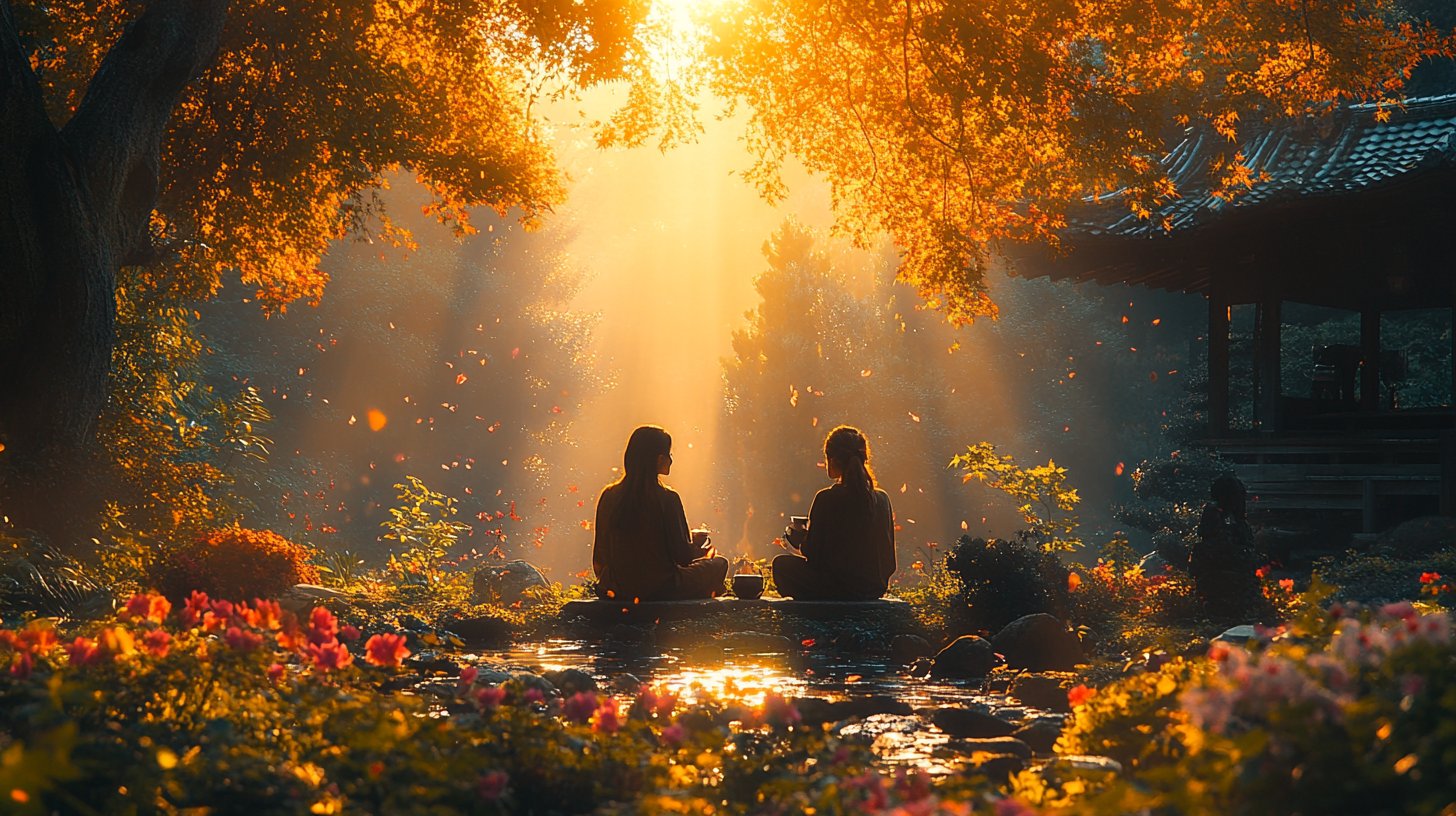 Ein Paar genießt entspannt eine Teepause im Garten.