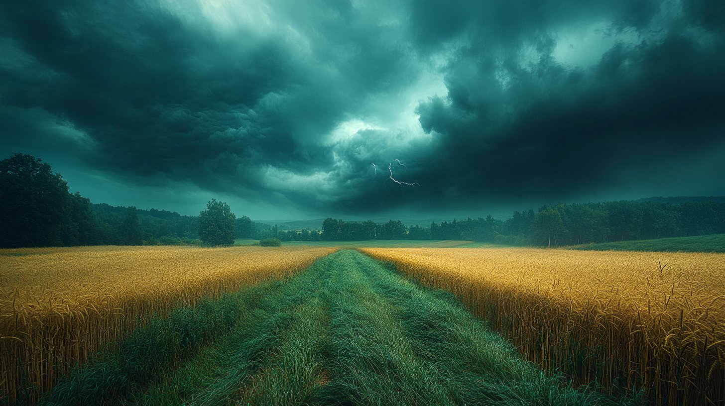 Un cielo tempestoso sopra un paesaggio tranquillo.