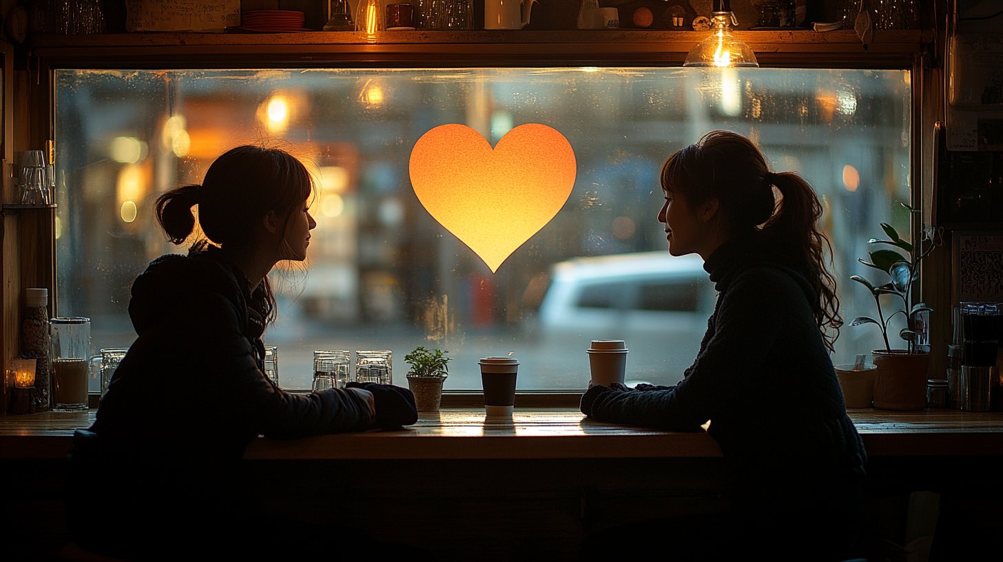 Due silhouette conversano in un caffè.