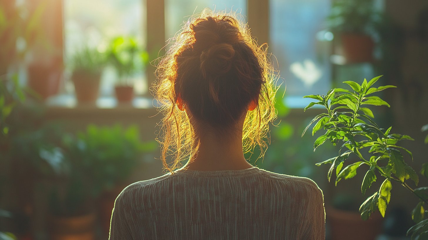 Ein Spiegel reflektiert eine nachdenkliche Person in Ruhe und Wachstum.