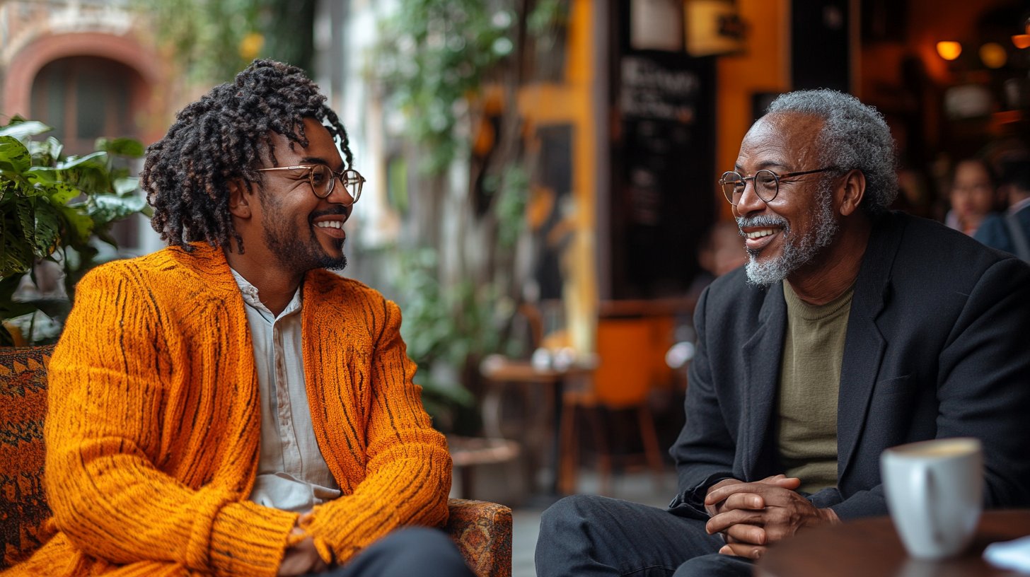 Eine vielfältige Gruppe führt lebhafte Gespräche in einem Café.