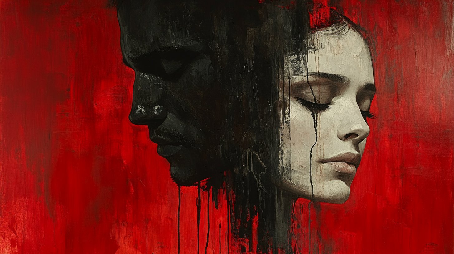 Ein Paar Figuren, eine besitzergreifend und die andere eingeschränkt, im dramatischen Hintergrund.