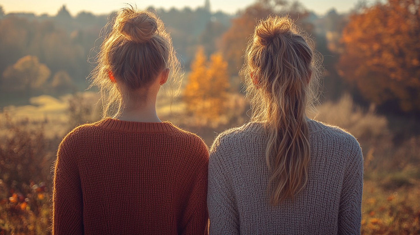 Zwei Freunde stehen Rücken an Rücken, die persönlichen Raum respektierend.