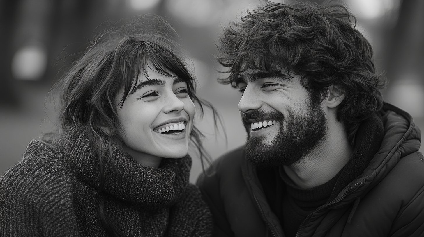 Zwei Freunde lachen auf einer Parkbank.