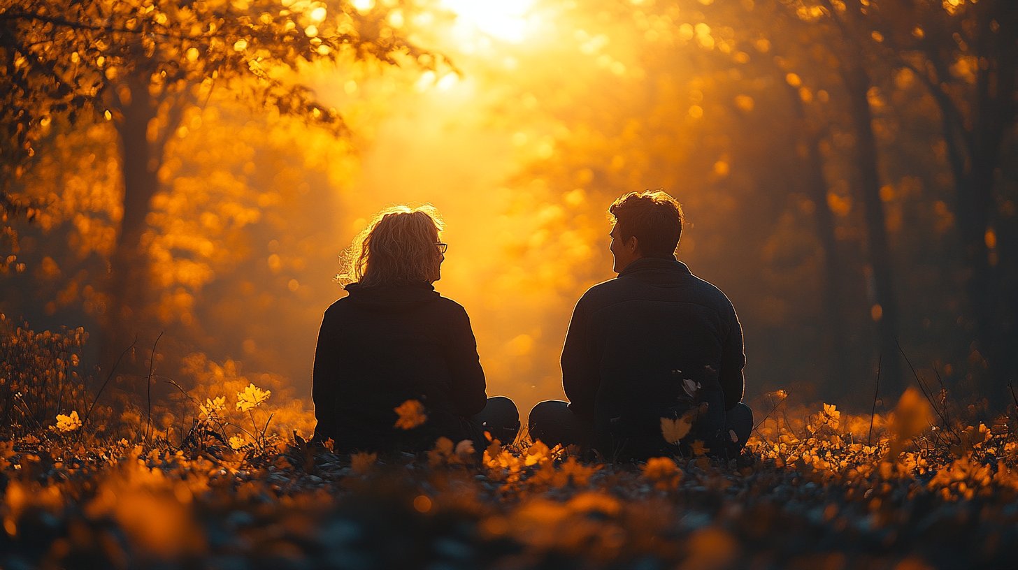Amigos conversan abiertamente en un parque sereno.