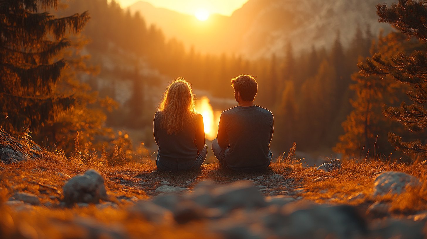 Ein Paar im Gespräch, umgeben von der Natur, strahlt Vertrauen aus.