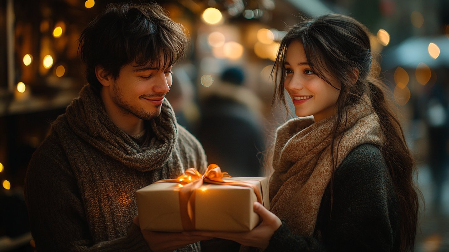 Ein Mann überreicht seiner Partnerin ein durchdachtes Geschenk voller Wertschätzung.