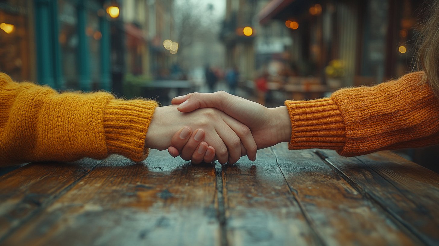 Ein Paar verschlungene Hände auf einem Tisch, Symbol für Beziehungsspannung.