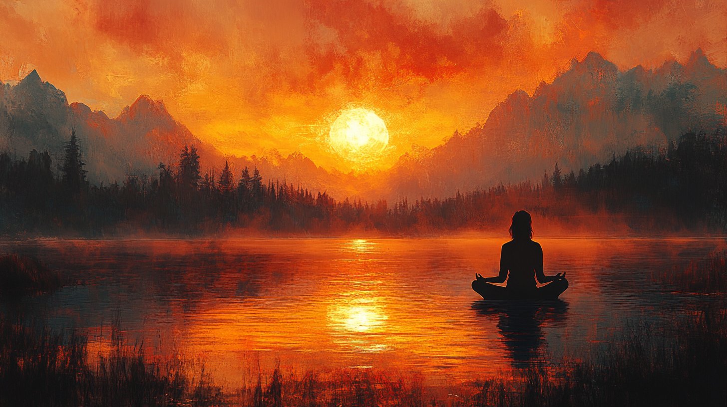 Eine friedliche Person sitzt im Gras und blickt in einen farbenfrohen Sonnenuntergang.