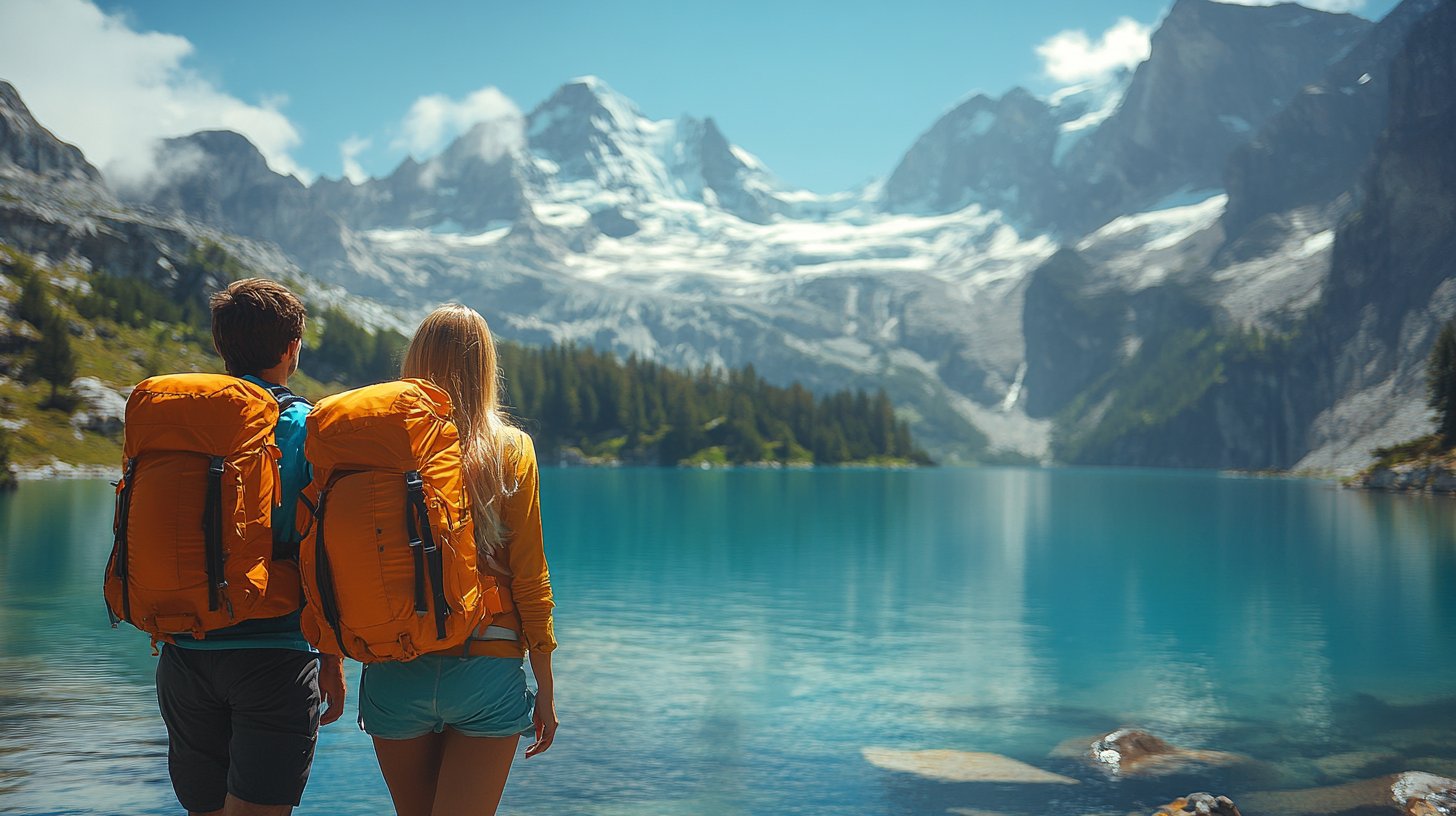 An adventurous couple enjoys a scenic hike in the mountains.